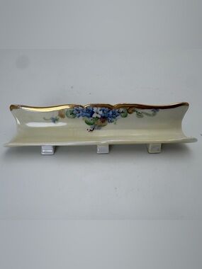 Vintage 1940s French Limoges Porcelain Tray with Delicate Blue Flowers and Gold